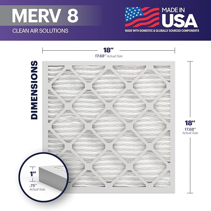 BNX TruFilter 18x18x1 Air Filter MERV 8 (6-Pack) - MADE IN USA – Dust & Pet Defense Air Conditioner HVAC AC Furnace Filters for Dust, Pet, Mold, Pollen MPR 600 – 700 & FPR 5