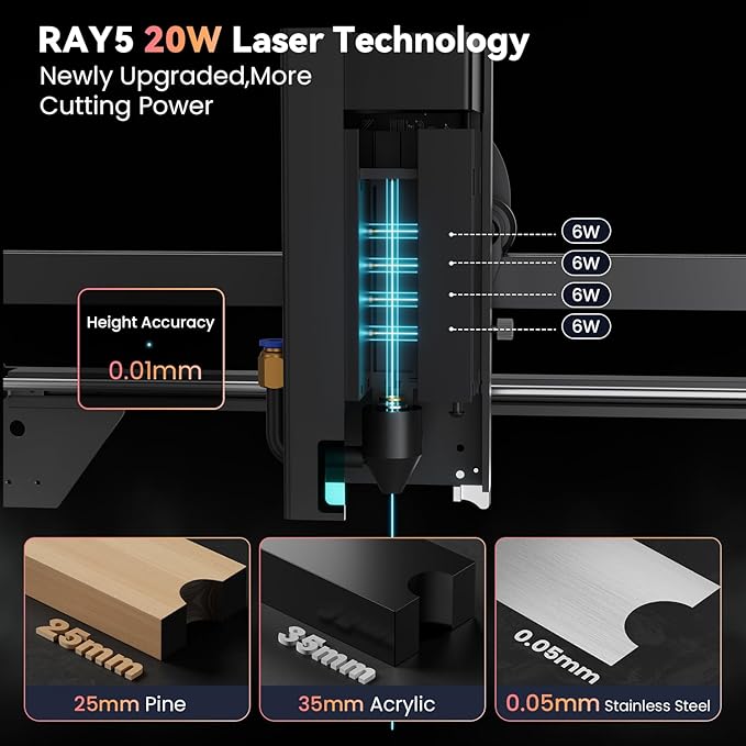 Longer RAY5 20W Laser Engraver with Air Pump and Y-Axis Extension Kit, Expand Working Area to 33.46" x 15.75", 3.5” Color Touch Screen, App Offline Control, DIY Engraver Tool for Metal/Glass/Wood