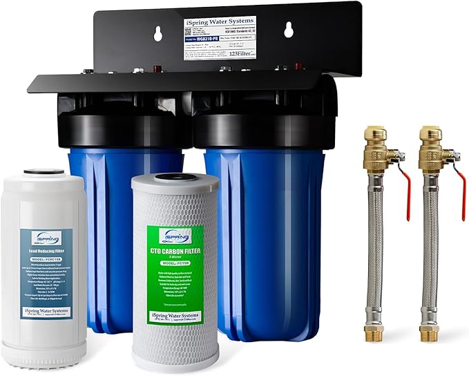 iSpring WGB21B-PB+AHPF12MNPT16X2 2-Stage Whole House Water Filtration System w/ 10” x 4.5” Carbon Block and Lead Reducing Filters and 3/4" Push-fit Braided Stainless Steel Hose Connectors