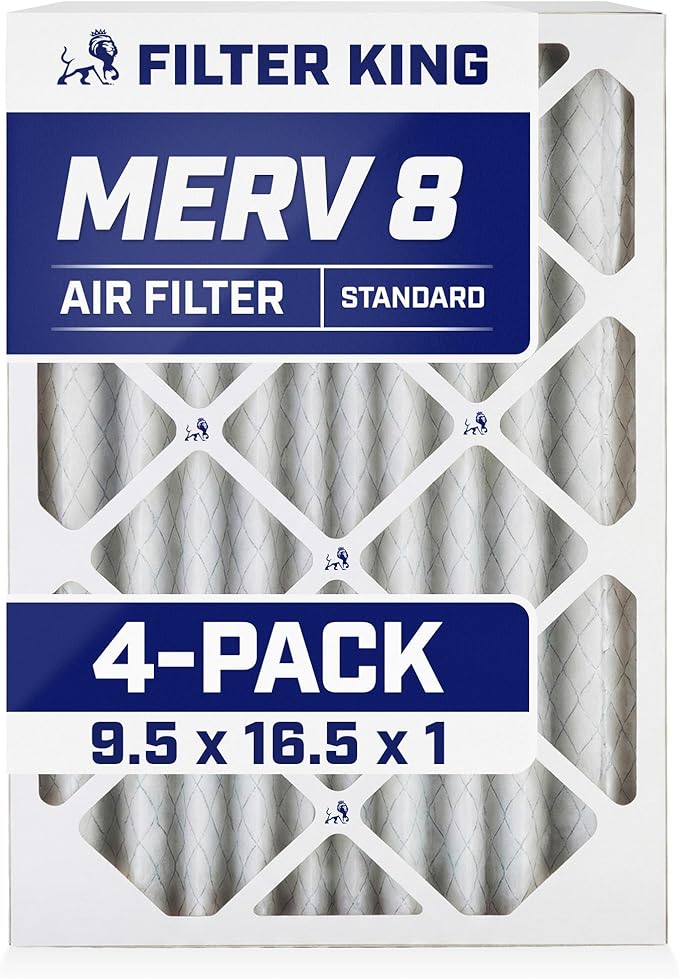 Filter King 9.5x16.5x1 Air Filter | 4-PACK | MERV 8 HVAC Pleated A/C Furnace Filters | MADE IN USA | Actual Size: 9.5 x 16.5 x .75"