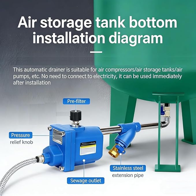 Zero Air Loss Automatic Drain Valve, 1/2" Npt Auto Drain Valve For Air Compressor, No Electricity Required, Mechanical Float Condensate Drain With Pre-Filter For Air Tanks Filters Dryers (blue)
