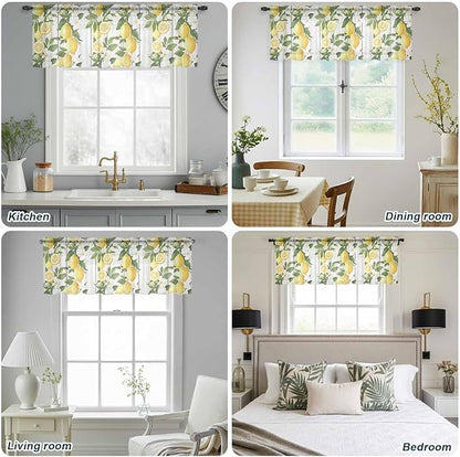 Spring Summer Lemon Sheer Valance Curtains, Leaf Flower White Wood Grain Light Filtering Kitchen Valances Rod Pocket Voile Curtain Window Treatment for Bedroom/Living Room/Basement 60Wx18L