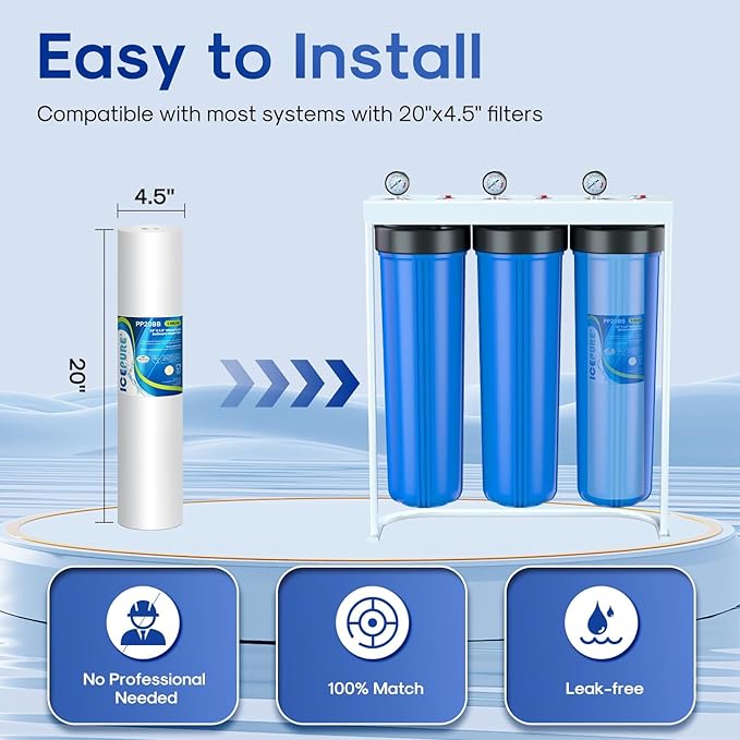 ICEPURE 5 Micron 20" x 4.5" Whole House Sediment Water Filter, 20 Inch Water Filter Replacement Cartridge Compatible with FPMB5-20, SP-DD-5005-20BB, FP25B, AP810-2, 155358-43, SDC-45-2005, 4 PACK