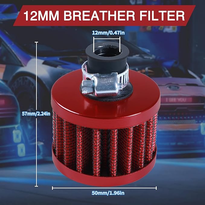 12mm Cold Air Intake Filter for Motorcycle Turbo Vent Breather Air Intake Red- 2Pcs