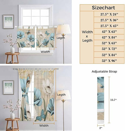 Spring Flowers Living Room Curtains 84 Inch Length, Window Curtains Tab Top, Vintage Rustic Tulips Floral Butterfly Khaki Light Filtering Window Treatments Drapes 42"x84" 2 Panel