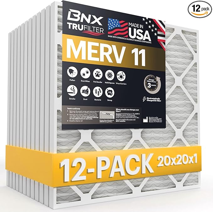 BNX TruFilter 20x20x1 Air Filter MERV 11 (12-Pack) - MADE IN USA - Allergen Defense Electrostatic Pleated Air Conditioner HVAC AC Furnace Filters for Allergies, Dust, Pet, Smoke, Allergy MPR 1200 FPR