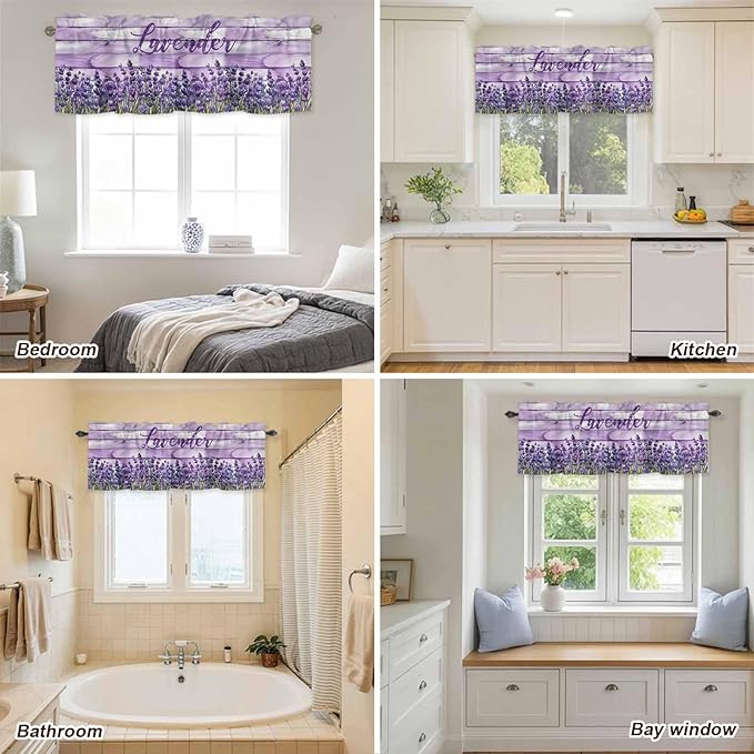 Kitchen Valances for Window, Retro Lavender on Farm Wood Grain Light Filtering Rod Pocket Valance Curtain, Watercolor Purple Flowers Short Curtains Window Topper for Bedroom Living Room 42x12in
