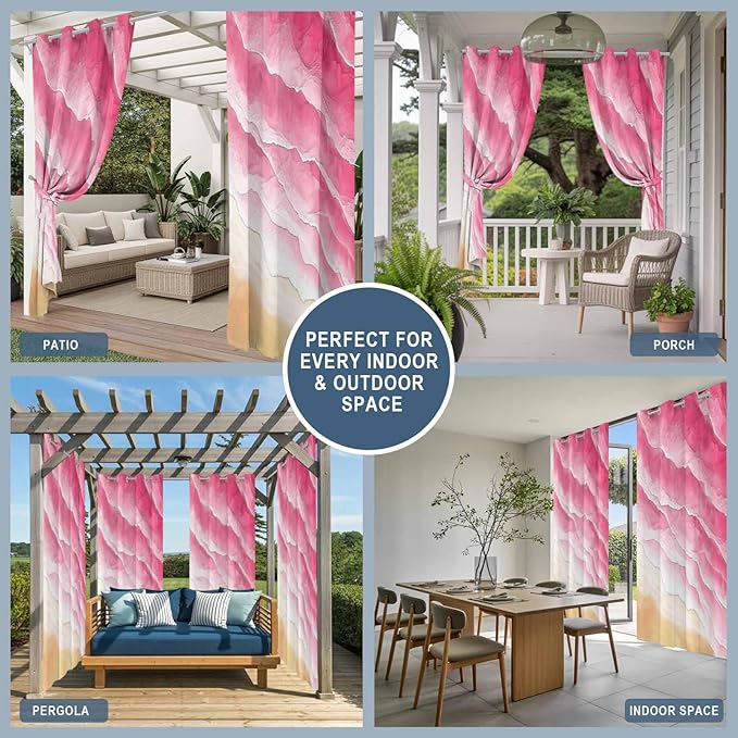 Ocean Outdoor Curtains for Patio Beach Waves Watercolor Abstract Gradient Pink Waterproof Outside Curtains with Grommet Top Weatherproof Curtain for Cabana Pergola Gazebo, 2 Pack, 54" W x 108" L