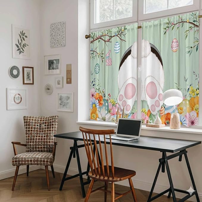 Easter Kitchen Curtains 54 Inch Long 2 Panel Set, Rod Pocket Window Curtains Panels, Spring Watercolor Bunny Eggs Wooden Grain Green Light Filtering Privacy Draperies for Bedroom Laundry 42"W x 54"L