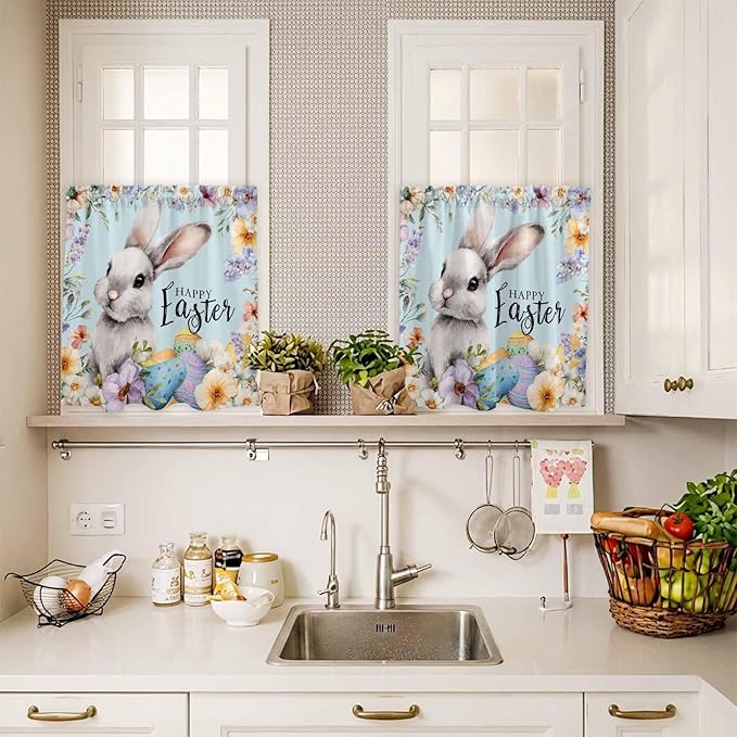 Happy Easter Kitchen Curtains Set 3 Piece for Windows,Rod Pocket Valance and Tier Set 24 Inch Length,Spring Grey Bunny Colorful Eggs Flower Blue Light Filtering Cafe Curtains for Living Room