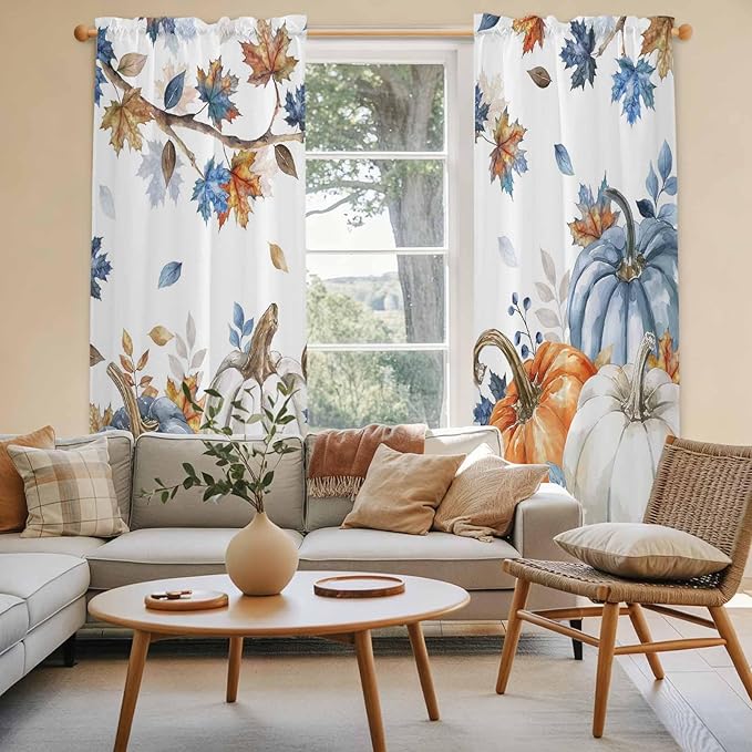 Navy Blue Pumpkin Fall Window Curtains 72 Inch Long 2 Panel Set,Rod Pocket Long Curtains & Drapes,Thanksgiving Maple Leaves Branches Window Treatment for Bedroom Living Room 52"W x 72"L