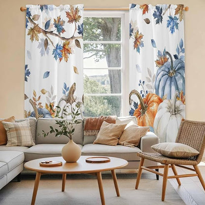 Navy Blue Pumpkin Fall Window Curtains 72 Inch Long 2 Panel Set,Rod Pocket Long Curtains & Drapes,Thanksgiving Maple Leaves Branches Window Treatment for Bedroom Living Room 52"W x 72"L