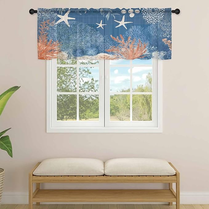 Ocean Corals Sheer Valance Curtains, Summer Beach Coral Sea Stars Dark Blue Light Filtering Kitchen Valances Rod Pocket Voile Curtain Window Treatment for Bedroom/Living Room/Basement 60Wx18L