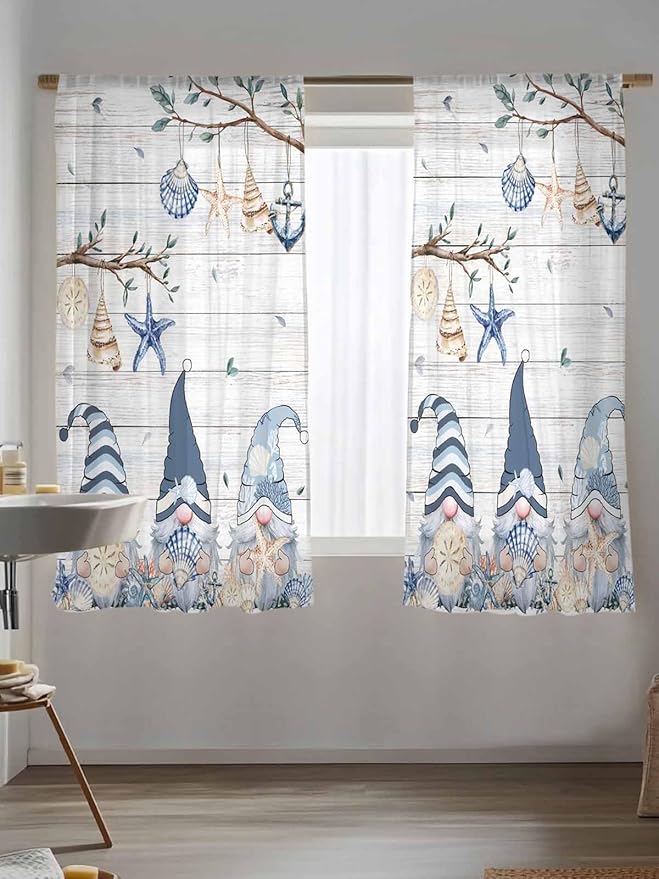 Sheer Curtains 72 Inches Long, Coastal Eucalyptus Semi Sheer Curtains Light Filtering Window Treatment, Ocean Blue Gnomes Starfish Leaf Wood Grain Privacy Voile Drapes for Living Room 52x72 Inch