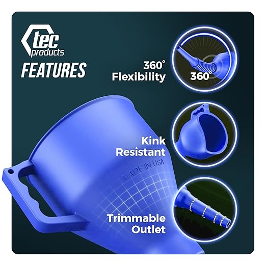 TEC Products FlexAll Long Flexible Funnels - Automotive Oil Funnel with Hose, Durable Nitrile Rubber for Oil Change, Transmission Funnel Fluid, Diesel, Fuel, Gas - Made in USA - Blue (12 x 4 Inches)