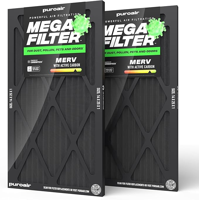 PuroAir MegaFilter - 14x25x1 Air Filter MERV 13 Activated CarbonTech Defense - Heavy Duty 3 Layer Furnace Filters Allergens, Pollen, Dust, Pet Dander, Smoke, Odors - HVAC Air Filter 14x25x1 (2-Pack)