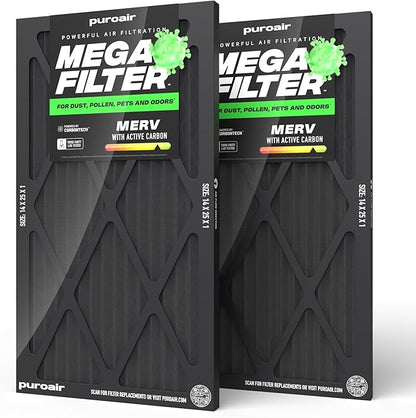 PuroAir MegaFilter - 14x25x1 Air Filter MERV 13 Activated CarbonTech Defense - Heavy Duty 3 Layer Furnace Filters Allergens, Pollen, Dust, Pet Dander, Smoke, Odors - HVAC Air Filter 14x25x1 (2-Pack)