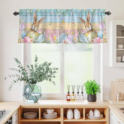 Kitchen Curtains Tiers and Valance Set of 3, Easter Light Filtering Window Curtain Set, Spring Rabbit Eggs Floral Colorful Wooden Grain Rod Pocket Curtain Drapes for Cafe, Living Room, 36 Inches Tiers
