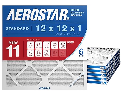 Aerostar 12x12x1 MERV 11 - 6 Count - Pleated HVAC, Furnace & Air Conditioner Filters - Removes Dust, Cold & Flu Germs, Lint, Mold, Pet Dander, Allergy-Causing Pollen, Smog & Smoke
