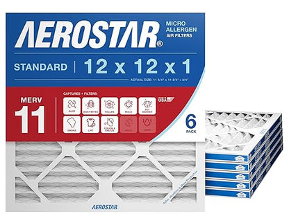 Aerostar 12x12x1 MERV 11 - 6 Count - Pleated HVAC, Furnace & Air Conditioner Filters - Removes Dust, Cold & Flu Germs, Lint, Mold, Pet Dander, Allergy-Causing Pollen, Smog & Smoke