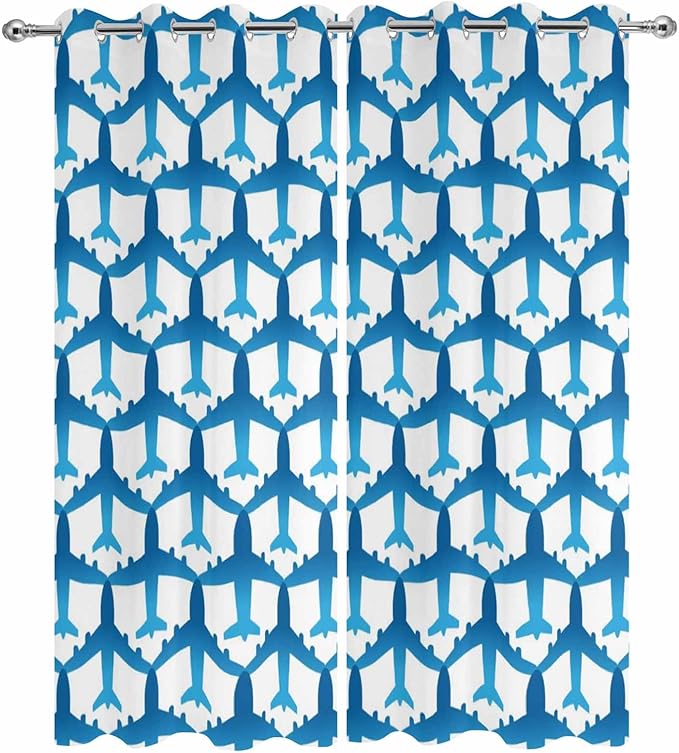 Blue Aircraft Waterproof Outdoor Curtains for Patio, Windproof Weatherproof Curtains with Weighted Hem, Modern Abstract Art Gradient Airplane Light Filtering Privacy Drapes for Porch 54"x 95" 2 Panels