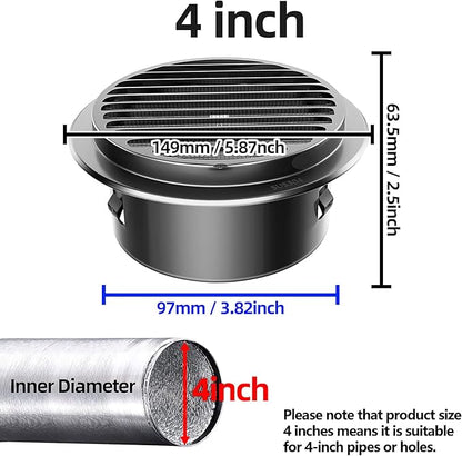 4" in Heavy Duty Thickened 304 Stainless Steel Air Vent Cover Louvered Grille Cover Vent Hood Flat Ducting Ventilation Air Vent Wall Air Outlet with Fly Screen Mesh for House (4inch-100mm Flat Black)