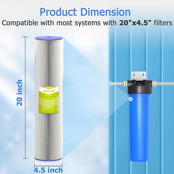 20 Micron Whole House Water Filter Cartridge, Pleated Sediment Filters for Well Water, Universal Replacement for Any 20 inch Big Housings - 20" x 4.5" Cartridges - Pack of 2