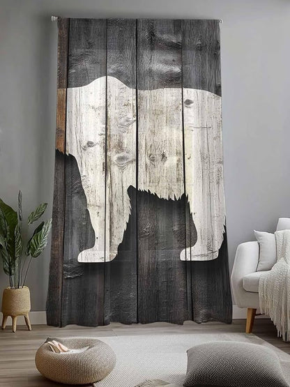 Sheer Curtains 84 Inches Long, Vintage White Brown Bear Semi Sheer Curtains Light Filtering Window Treatment, Retro Country Rustic Wood Grain Privacy Voile Drapes for Living Room Bedroom 52x84 Inch