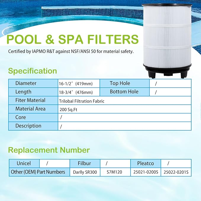 Savener® S7M120 System 3 Inner and Outer Pool Filter, Compatible with 25021-0200S & 25022-0201S, Replacement for Sta-Rite System 3 S7M120, SR300 Pool Filter Cartridge, 300 Sq. Ft