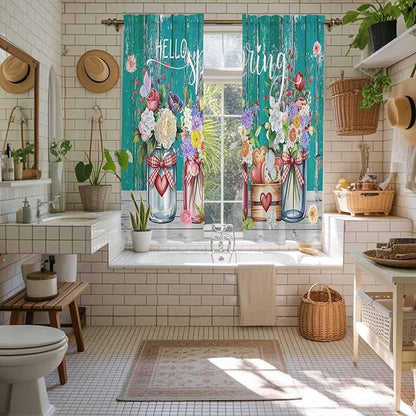 Spring Flowers Kitchen Curtains, Farmhouse Watercolor Teal Wood Grain Light Filtering Window Curtain Panels, 2Pcs Rod Pocket Window Treatments Set for Living Room Bathroom Bedroom 42x63 Inches