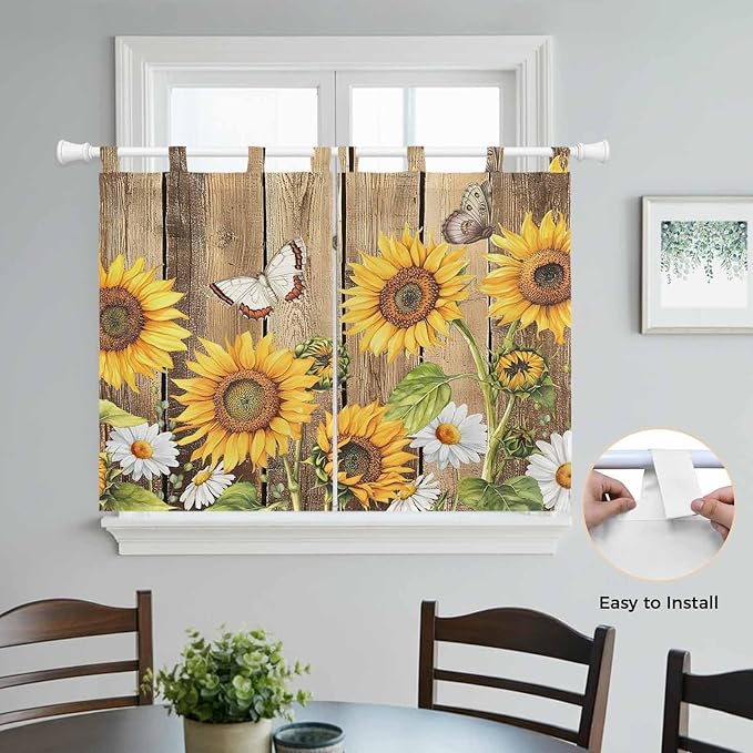 Farmhouse Sunflowers Bedroom Curtains 63 Inch Length, Window Curtains Tab Top, Rustic Floral Buttterfly Wood Board Brown Light Filtering Window Treatments Drapes 42"x63" 2 Panel