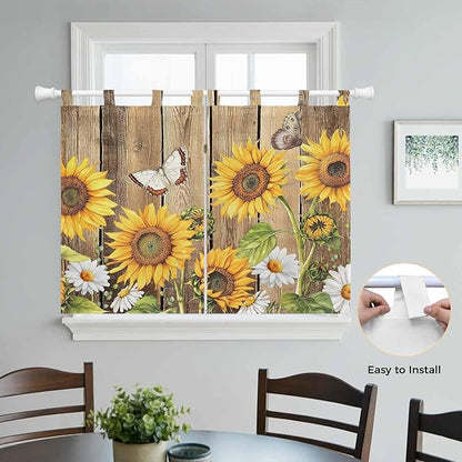 Farmhouse Sunflowers Bedroom Curtains 63 Inch Length, Window Curtains Tab Top, Rustic Floral Buttterfly Wood Board Brown Light Filtering Window Treatments Drapes 42"x63" 2 Panel
