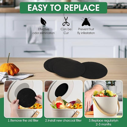 6 Pack Charcoal Filters for Compost Bucket，Compost Filters for Countertop Bin， Odor-Absorbing Activated Charcoal Replacement for Kitchen Compost Bins，6.7 Inch，Compost Filter