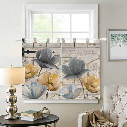 Spring Tulips Flower Bedroom Curtains 63 Inch Length, Window Curtains Tab Top, Vintage Floral Barn Doors Rustic Beige Light Filtering Window Treatments Drapes 42"x63" 2 Panel