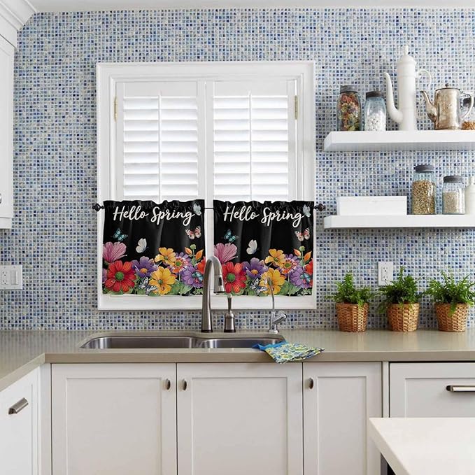 Spring Flowers Half Window Curtain 36 Inches Long, Watercolor Country Colorful Floral Black Window Treatment Curtain Drapes, Small Tier Curtains for Bathroom Over Sink, 27.5"x36", 2 Panels