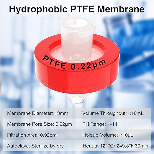SimPure Syringe Filter PTFE Hydrophobic Membrane 200 PCS, 0.22um Pore Size, 13mm Disc Diameter, HPLC and GC Needle Filter, Non-Sterile, High Throughput Lab Filtration, Barreled Packed