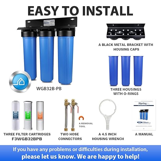 iSpring WGB32B-PB+AHPF12MNPT16X2 3-Stage Whole House Water Filter System, Reduces Lead, Chlorine, Sediment Home Water Filtration w/ 3/4'' Braided Stainless Steel Hose Connectors