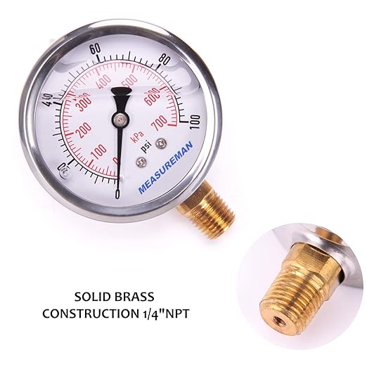 MEASUREMAN Pressure Gauge 1/4 NPT, 0-100psi/kPa Glycerin Filled Pressure Gauge with 2.5 Inch Dial Size and 304 Stainless Steel Case (0-100 psi, Lower Mount)