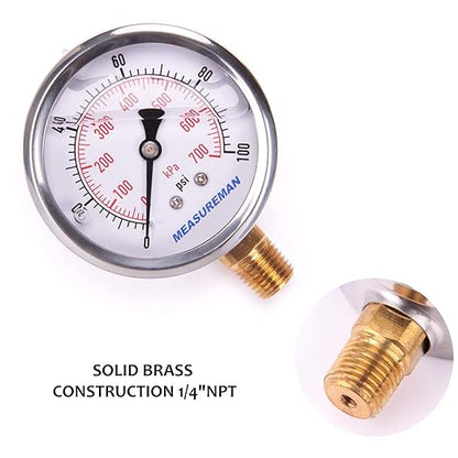 MEASUREMAN Pressure Gauge 1/4 NPT, 0-100psi/kPa Glycerin Filled Pressure Gauge with 2.5 Inch Dial Size and 304 Stainless Steel Case (0-100 psi, Lower Mount)