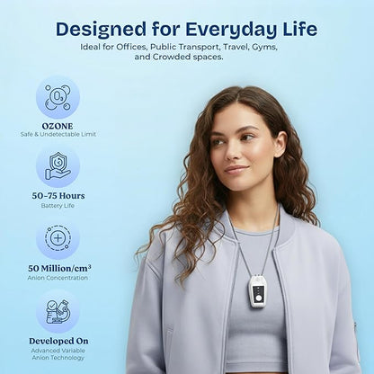 Portable Air Purifier for Travel with 50M Ions/cm³ | Mini Wearable Necklace Ionizer, Filterless, No Maintenance | Personal Air Purifier Small, 500mAh Rechargeable, 75H Runtime, CE ROHS FCC Certified