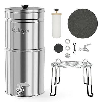 Culligan MaxClear 2.25 Gallon Gravity Water Filter System, Polished Stainless-Steel Countertop Water Filter NSF/ANSI Certified to Reduce Microplastics, Lead & Total PFAS, with 1 Ceramic Filter