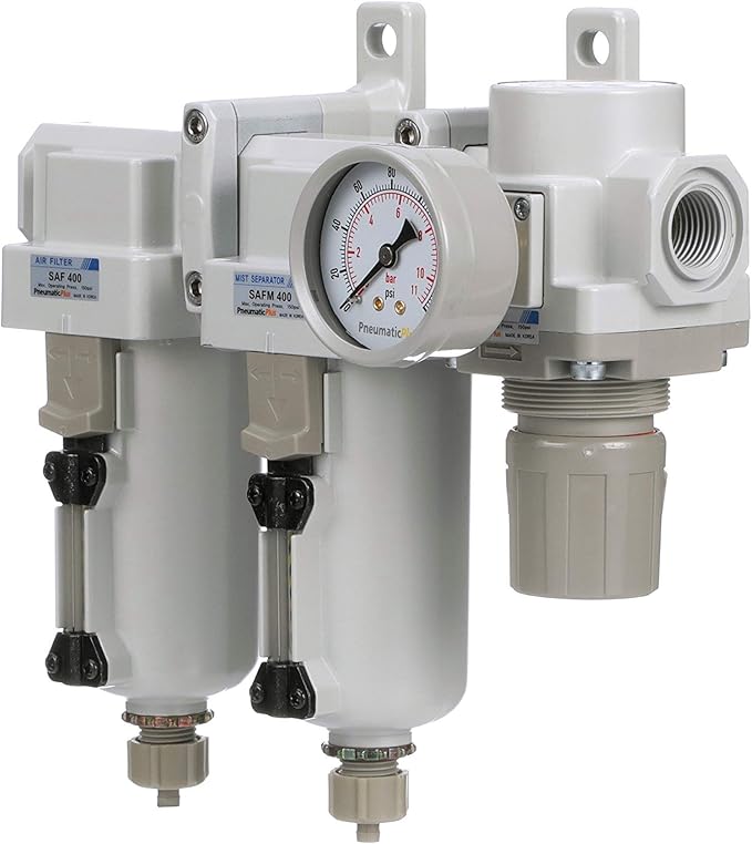PneumaticPlus SAU430-N04G-MEP 3 Stage Compressed Air Filter Dryer System - Particulate Air Filter, Coalescing Air Filter, Compressed Air Pressure Regulator Combo, 1/2" NPT - Metal Bowl, Manual Drain