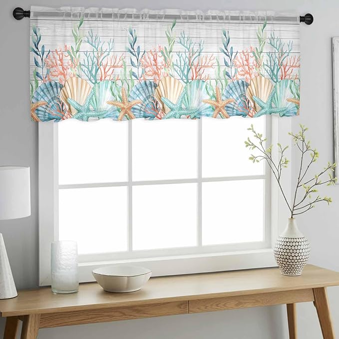 Summer Beach Sheer Valance Curtains, Ocean Colorful Coral Shell Seaweed Starfish Wood Grain Light Filtering Kitchen Valances Rod Pocket Voile Curtain Treatment for Bedroom/Living Room/Basement 60Wx18L