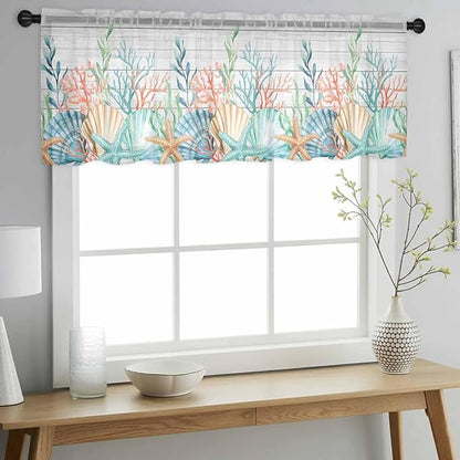 Summer Beach Sheer Valance Curtains, Ocean Colorful Coral Shell Seaweed Starfish Wood Grain Light Filtering Kitchen Valances Rod Pocket Voile Curtain Treatment for Bedroom/Living Room/Basement 60Wx18L