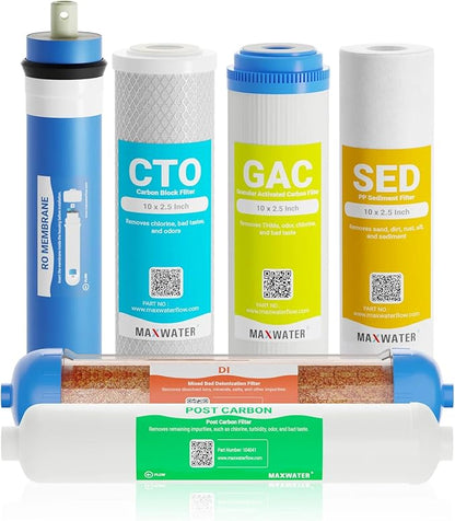 Replacement Filters for 6 Stage RO DI System w/ 50 GPD Membrane - Sediment, GAC, CTO, Post-Carbon, Mixed Bed DI, 10 inch Standard Size Water Filters