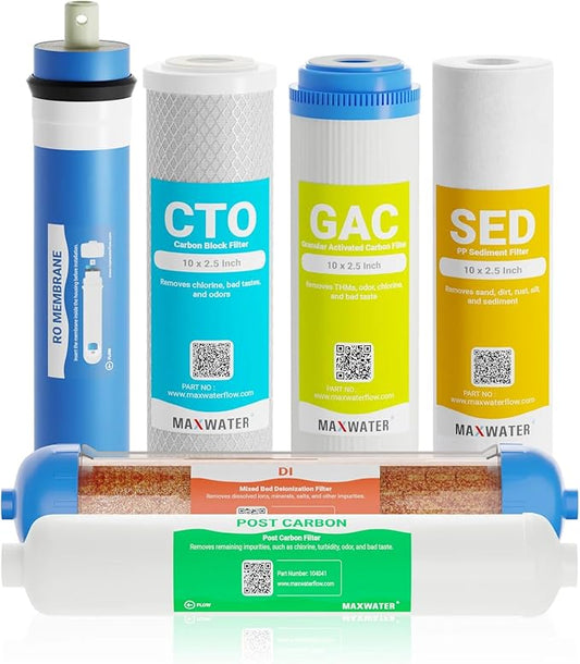 Replacement Filters for 6 Stage RO DI System w/ 50 GPD Membrane - Sediment, GAC, CTO, Post-Carbon, Mixed Bed DI, 10 inch Standard Size Water Filters