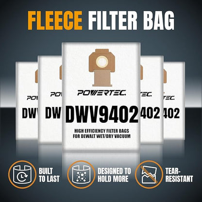POWERTEC DWV9402 Fleece Bags for Dewalt 5PK, for Dewalt DWV010, DWV012, DWV015 8 & 10 Gallon Dust Extractor, Replacement Shop Vacuum Bags (75029)