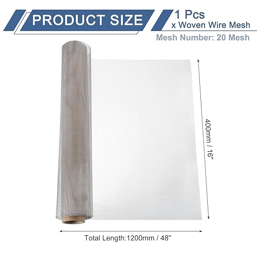 uxcell 20 Mesh 48" x 16" Woven Wire Mesh, 304 Stainless Steel Air Vent Filter Screen, Window Screen Mesh for DIY Projects Vents Cover Filtration Animals Fence