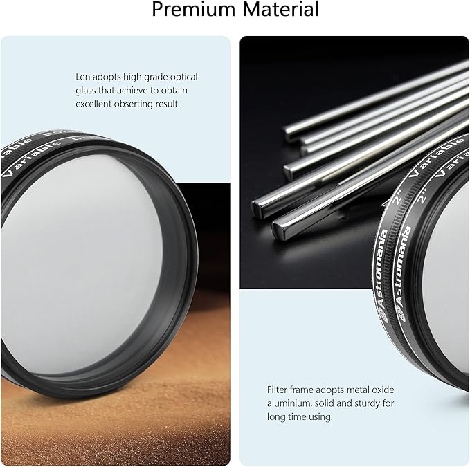 Astromania Telescope Filter, 2 Inch Variable Grey Polarizing Filter, Variable Polarizing Moon Filter for Astronomical Telescope & Eyepiece, Telescope Accessory with Adjustable 1-40% Light Transmission