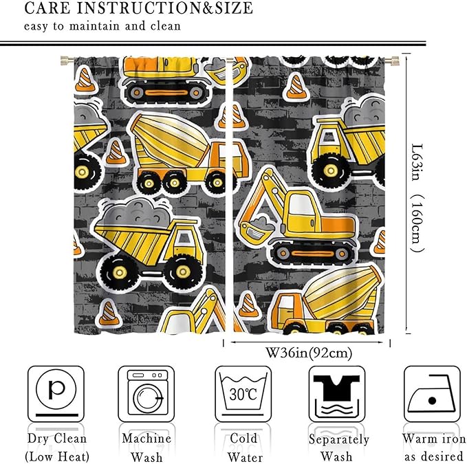Kids Construction Excavator Window Curtains, Yellow Excavator Transporter Truck Cartoon Vehicles Rod Pocket Decorative Window Curtain for Children Teens Room 72x63in (30% Blackout)